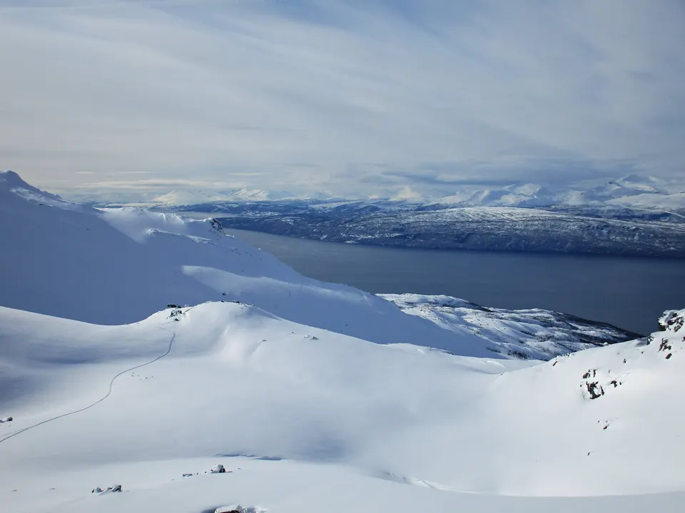 View of Ofotfjorden and my tent from Rombakstøtta, Norway